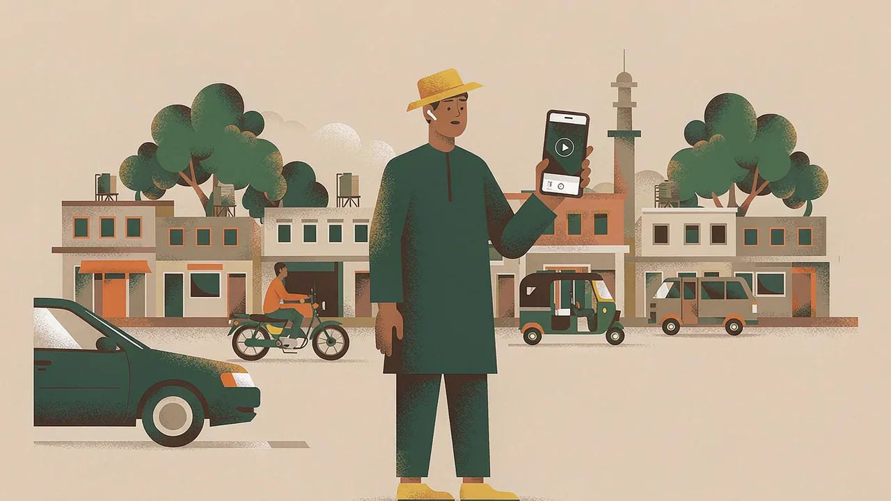 Everyday vehicle ownership in Pakistan: a roadside scene with a car, a motorcycle, a rickshaw and a van, with an owner checking a vehicle record on a phone